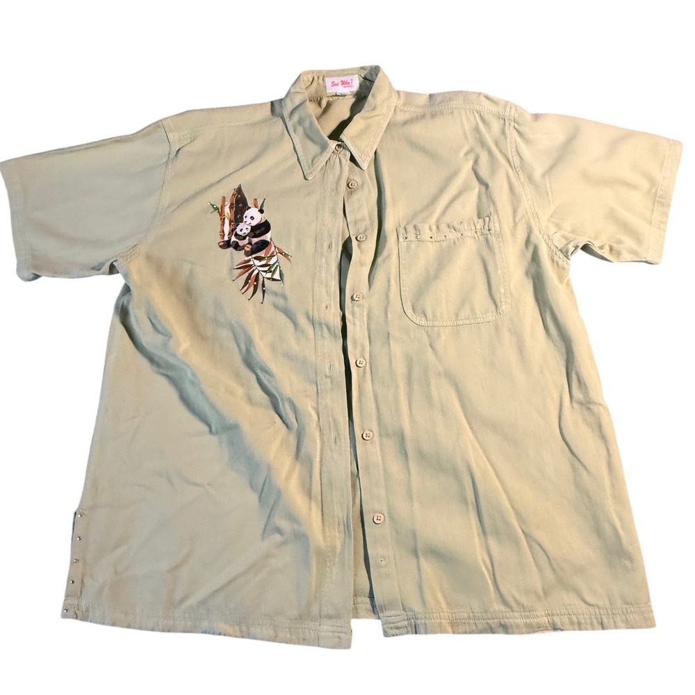 Sue Who Originals Panda Bamboo Beaded Button Up Shirt XL Cotton